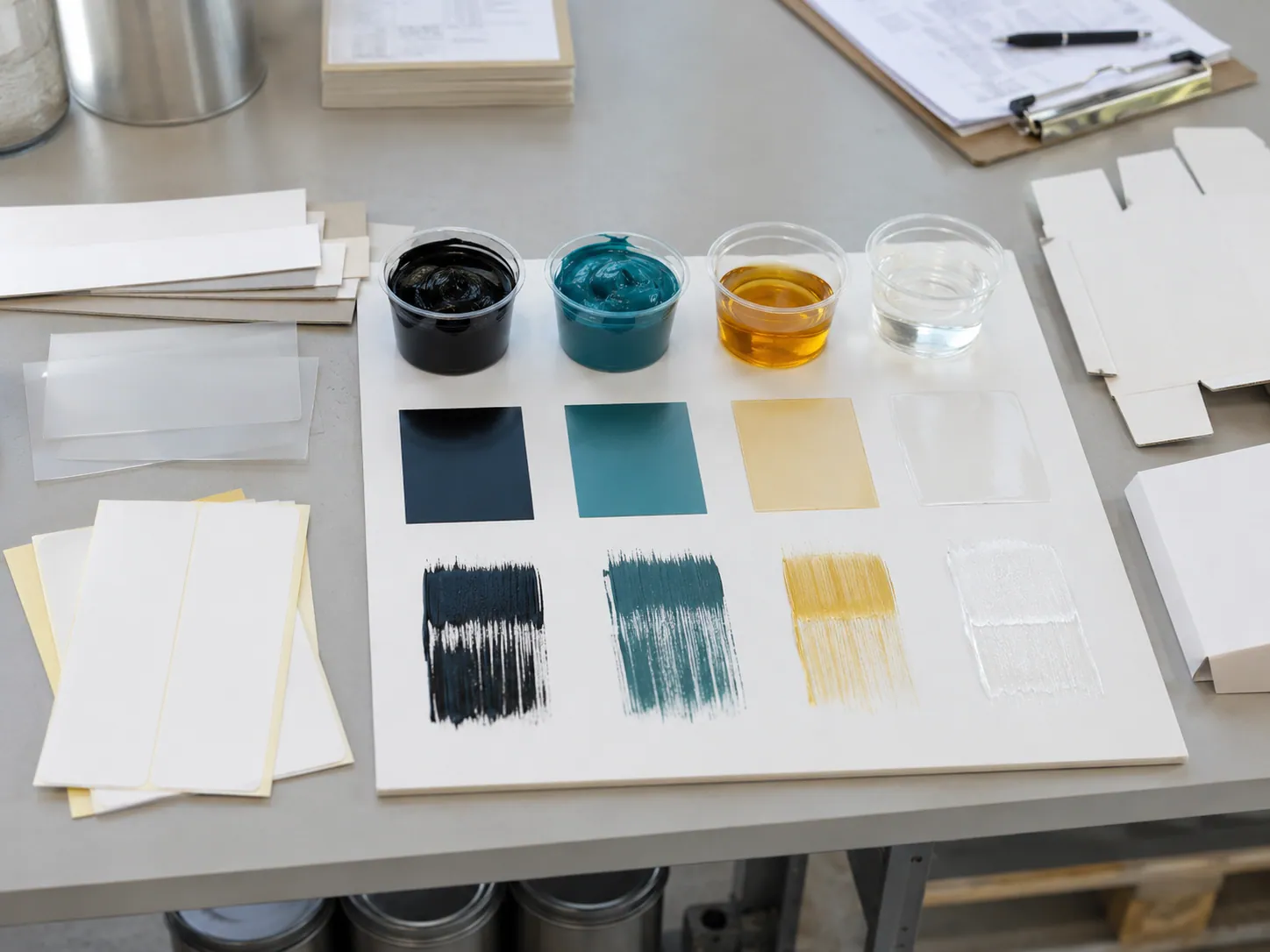 Water-based ink and varnish material sample board with printed packaging substrates and drawdown swatches.