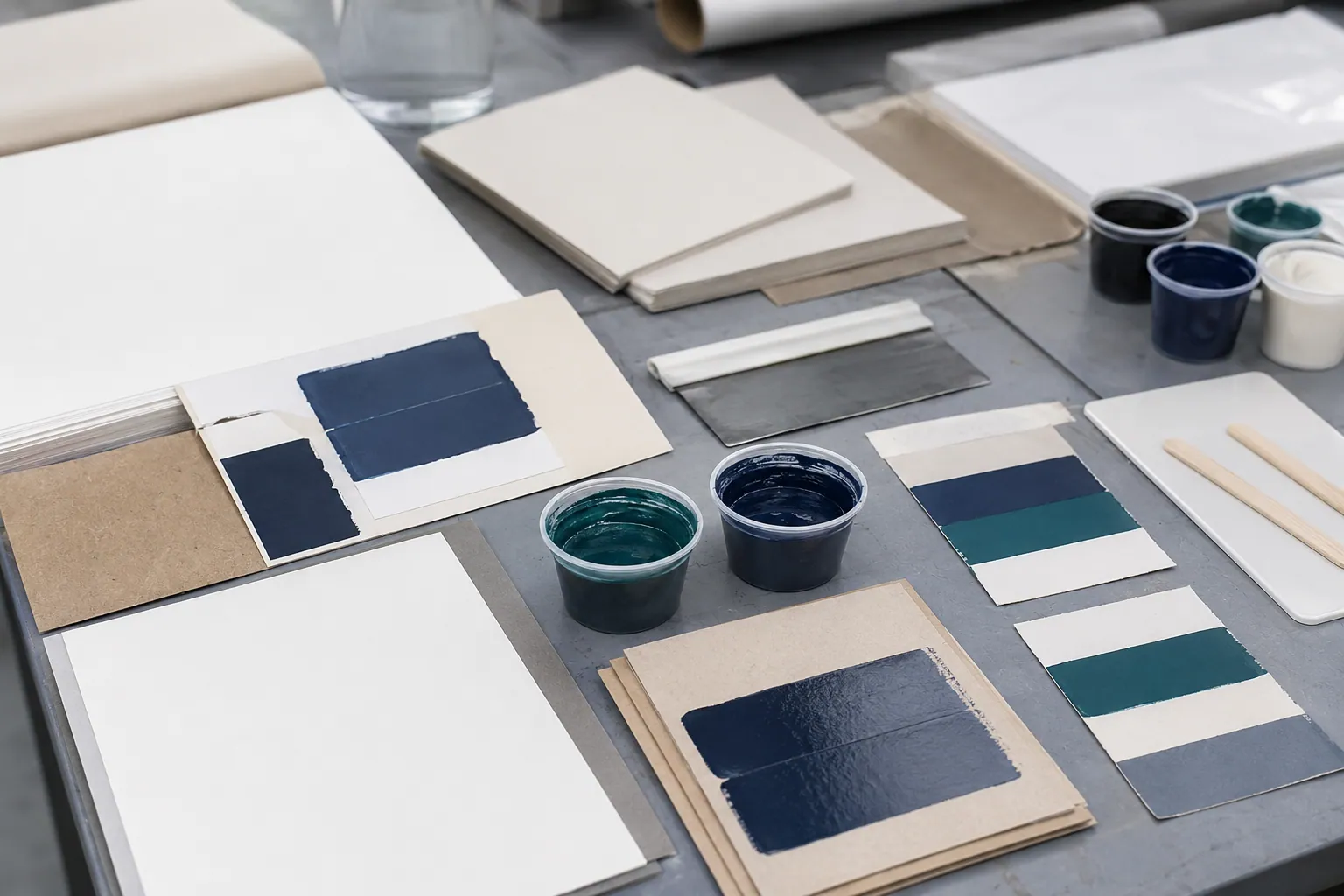 Water-based flexo ink drawdown samples on paper board, label stock, and carton board.